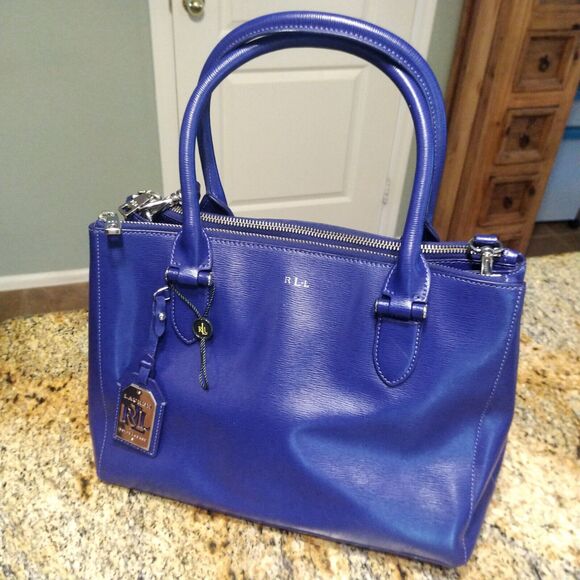 Ralph Lauren Newbury Double Zip Satchel Bag Tote Large RARE Blue MSRP $289 - Picture 1 of 16